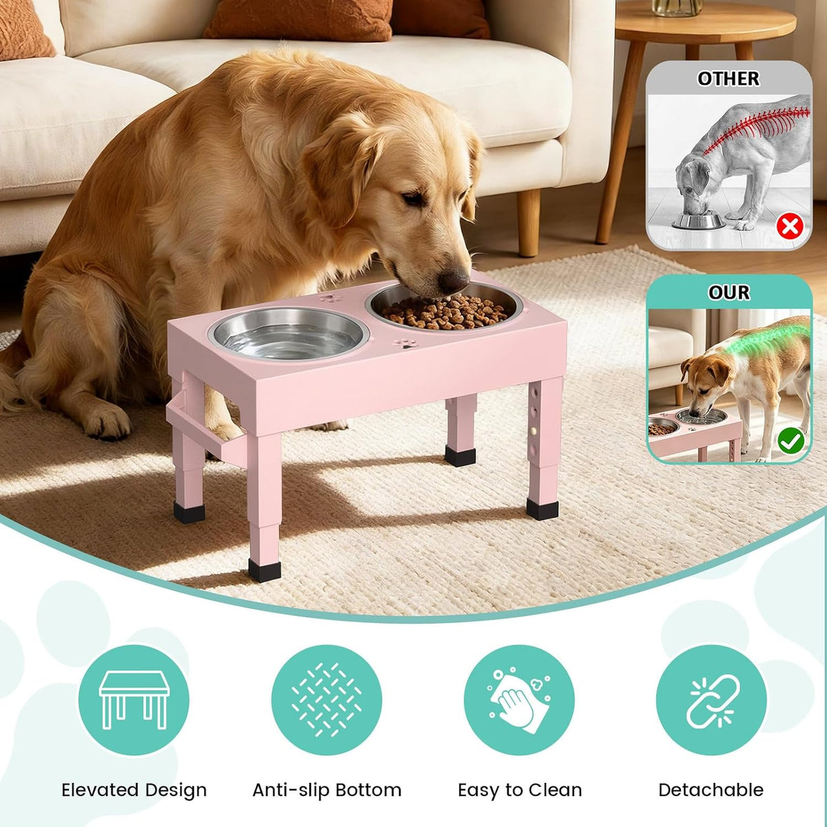Elevated Dog Bowls Stand Large Breed, Height Adjustable Raised Dog Bowls Holder with 2 Stainless Steel Food Bowls for Small, Medium and Large Canine，Black