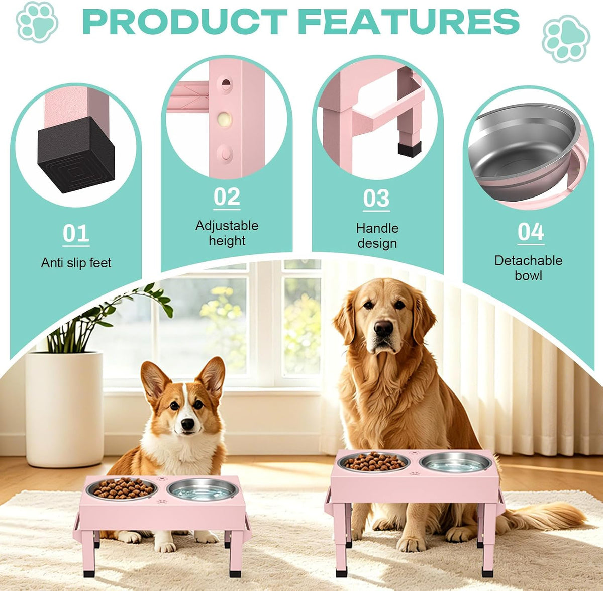Elevated Dog Bowls Stand Large Breed, Height Adjustable Raised Dog Bowls Holder with 2 Stainless Steel Food Bowls for Small, Medium and Large Canine，Black