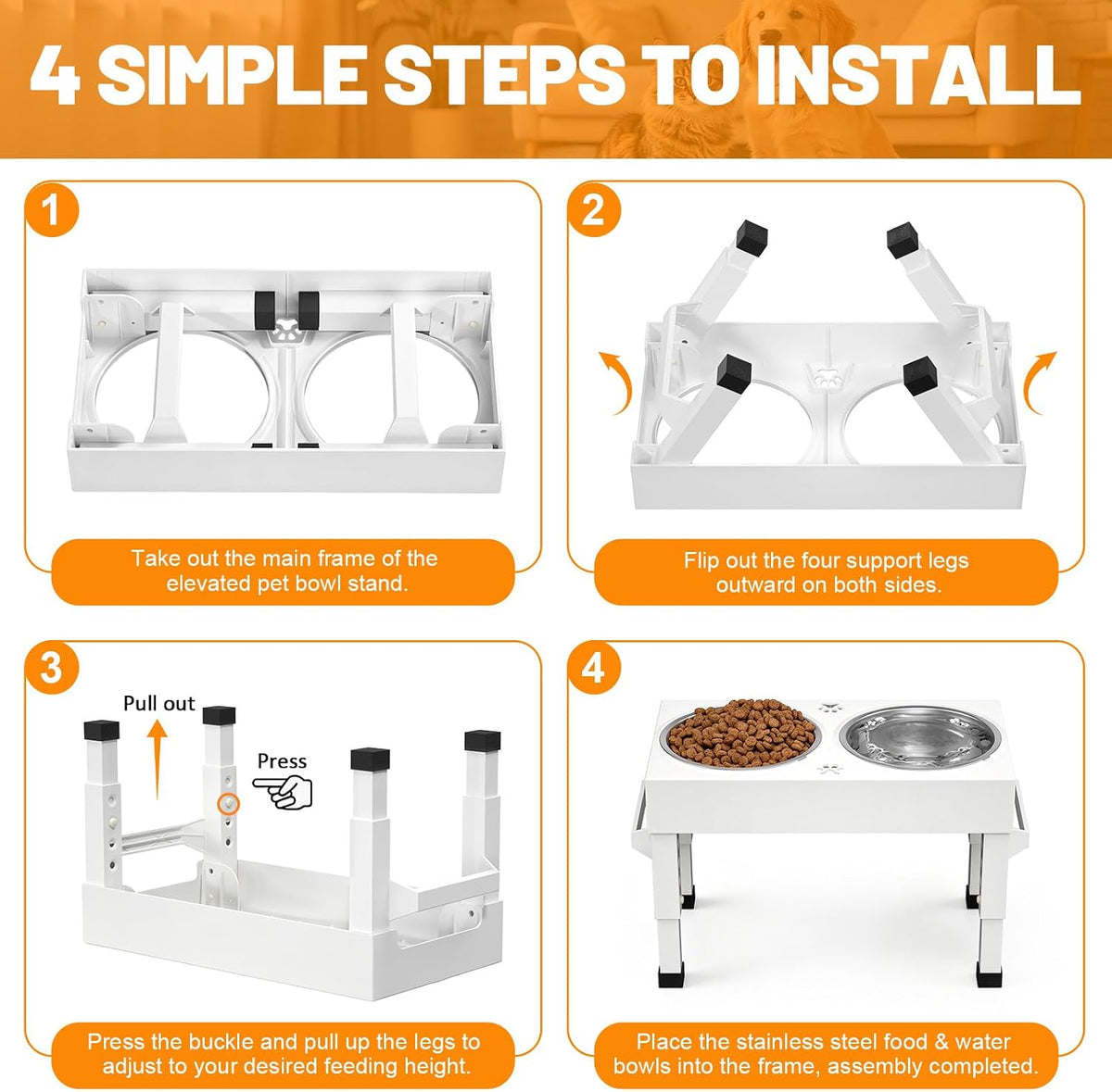 Elevated Dog Bowls Stand Large Breed, Height Adjustable Raised Dog Bowls Holder with 2 Stainless Steel Food Bowls for Small, Medium and Large Canine，Black