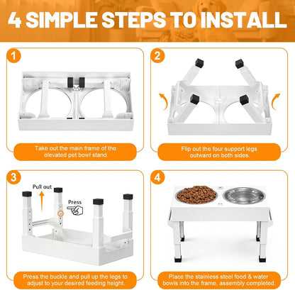 Elevated Dog Bowls Stand Large Breed, Height Adjustable Raised Dog Bowls Holder with 2 Stainless Steel Food Bowls for Small, Medium and Large Canine，Black