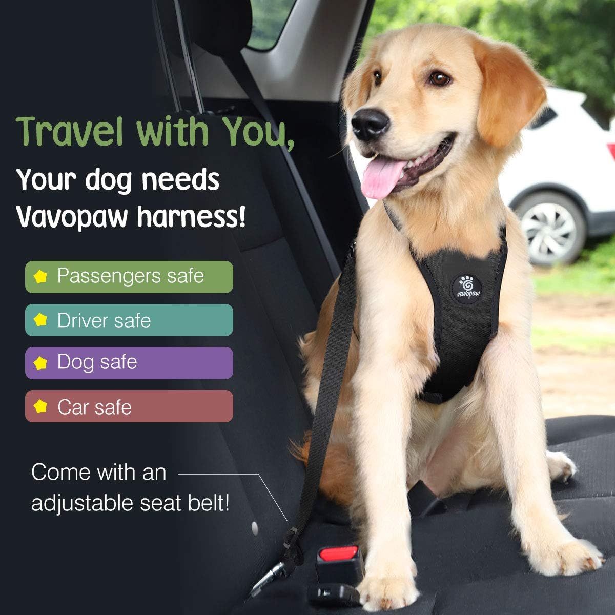 Dog Seat Belt Vest Harness for Car, 2 in 1 Seatbelt Buckle