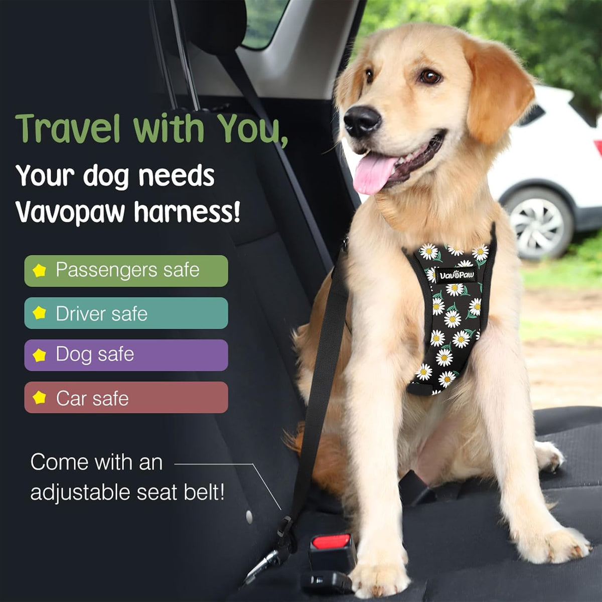 Dog Seat Belt Vest Harness for Car, 2 in 1 Seatbelt Buckle