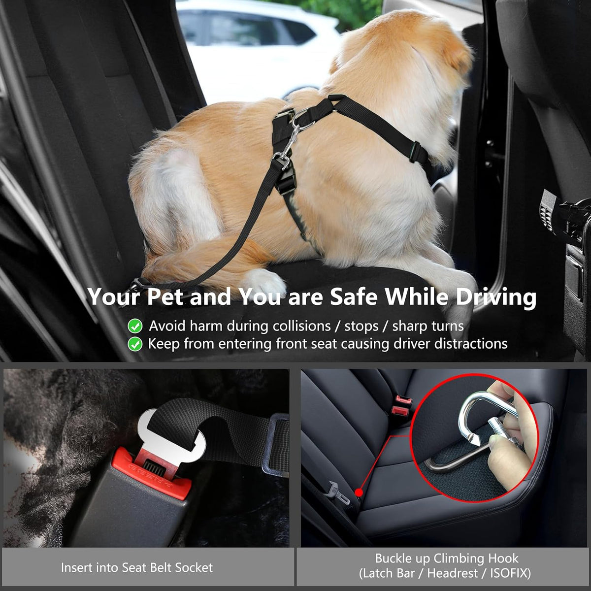 Dog Seat Belt Vest Harness for Car, 2 in 1 Seatbelt Buckle