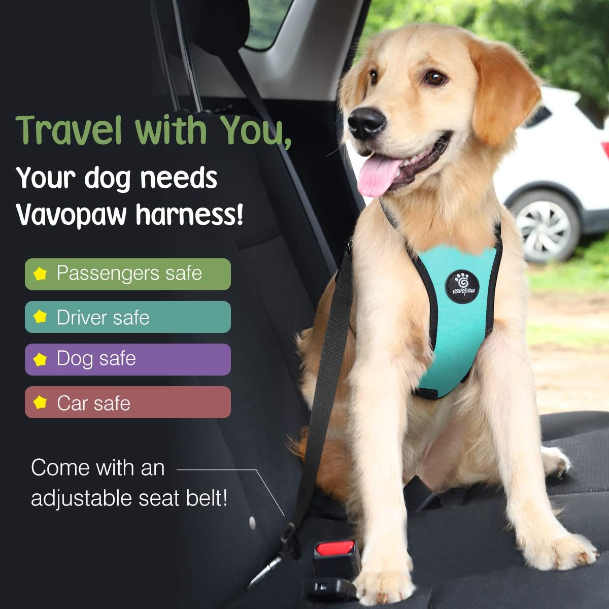 Dog Seat Belt Vest Harness for Car, 2 in 1 Seatbelt Buckle