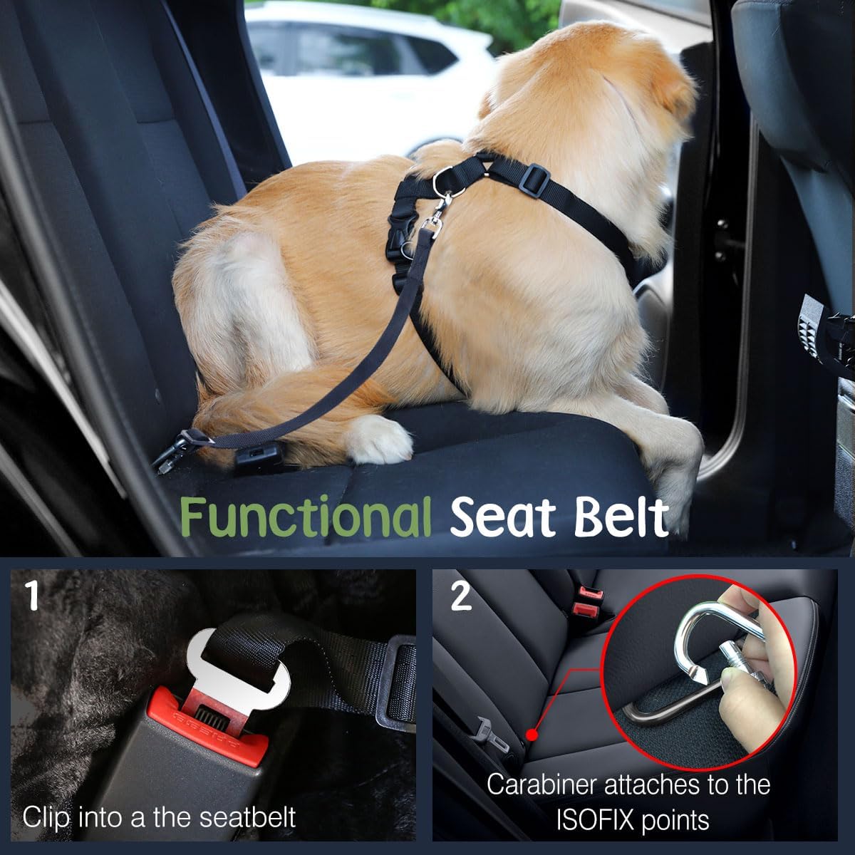 Dog Seat Belt Vest Harness for Car, 2 in 1 Seatbelt Buckle