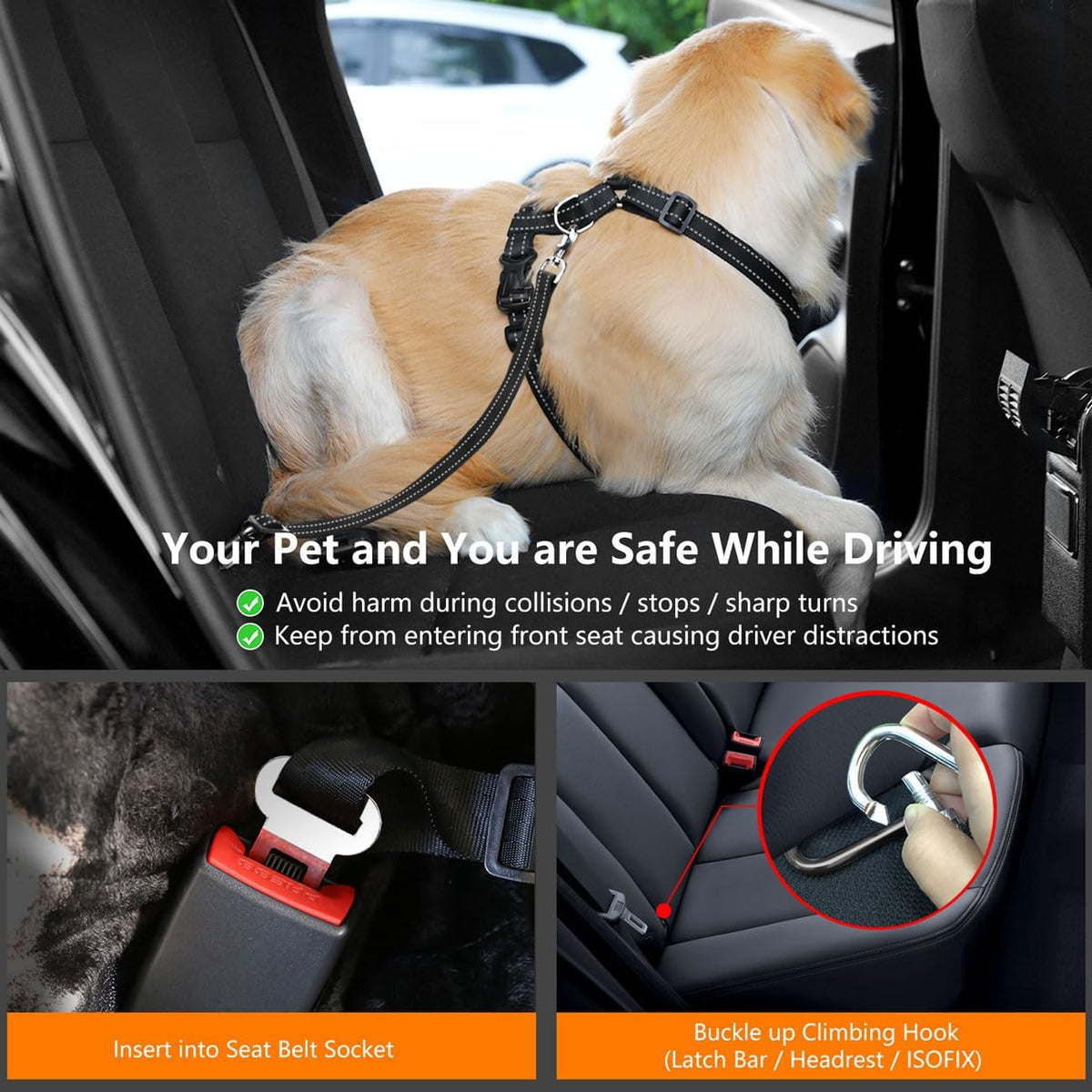 Dog Seat Belt Vest Harness for Car, 2 in 1 Seatbelt Buckle