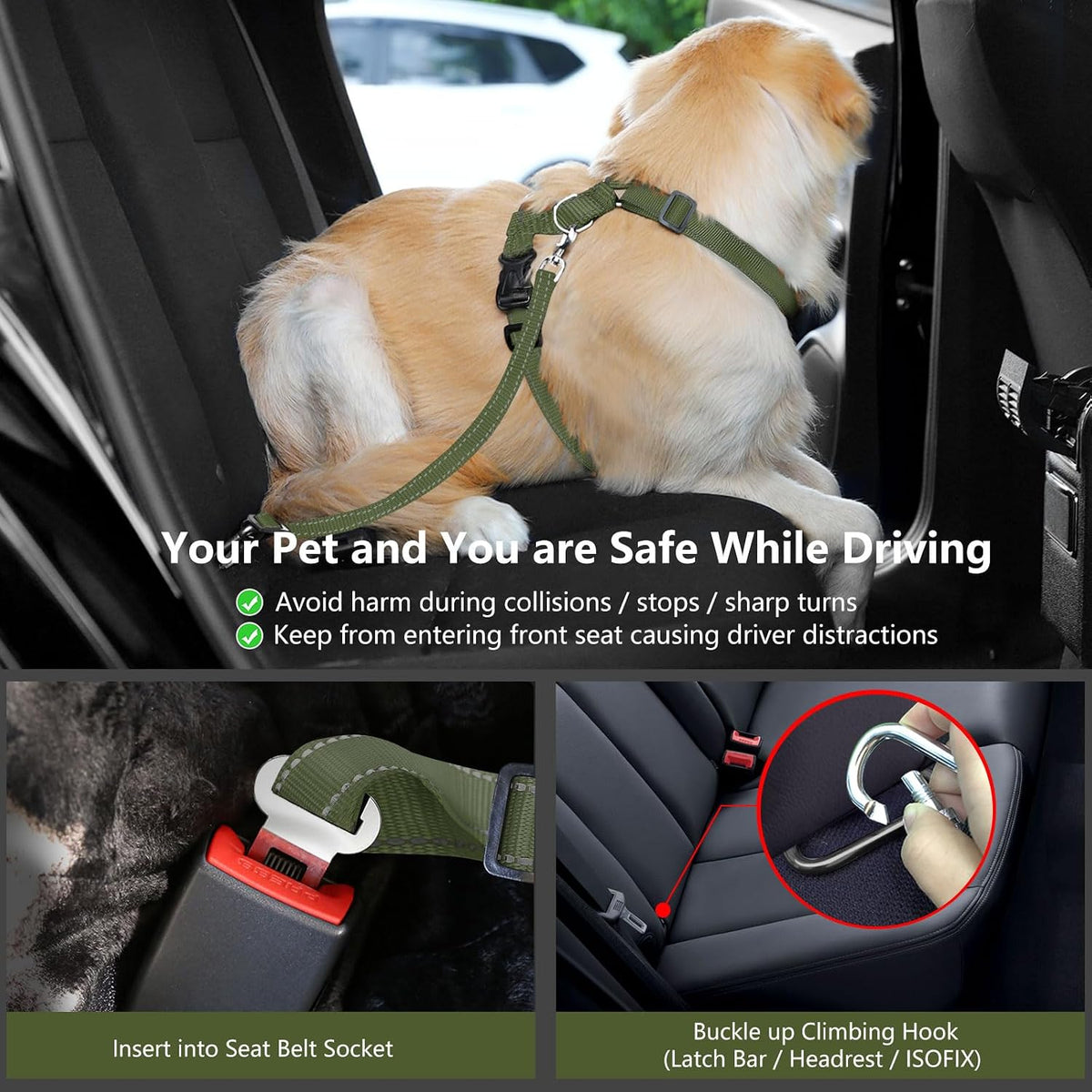 Dog Seat Belt Vest Harness for Car, 2 in 1 Seatbelt Buckle