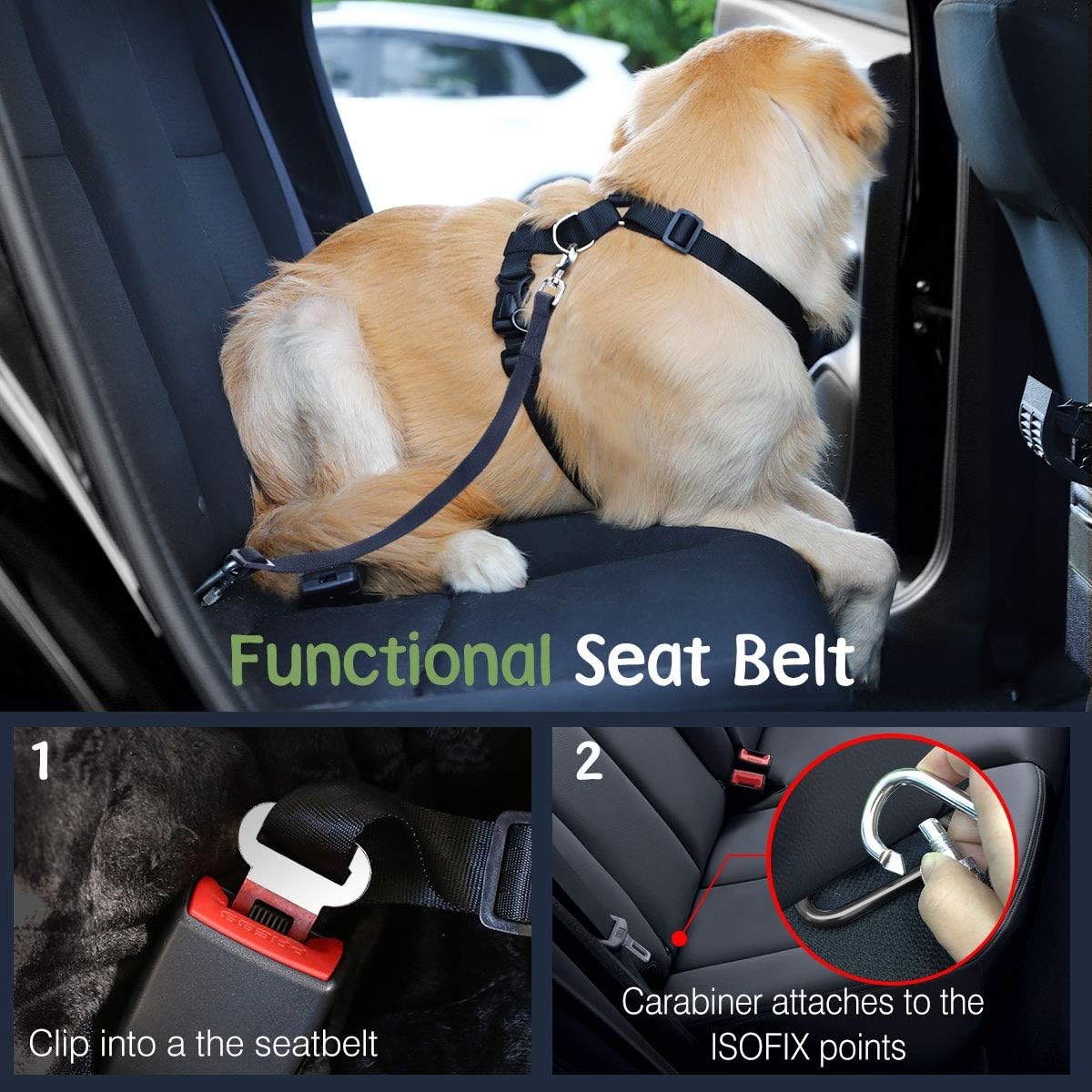 Dog Seat Belt Vest Harness for Car, 2 in 1 Seatbelt Buckle
