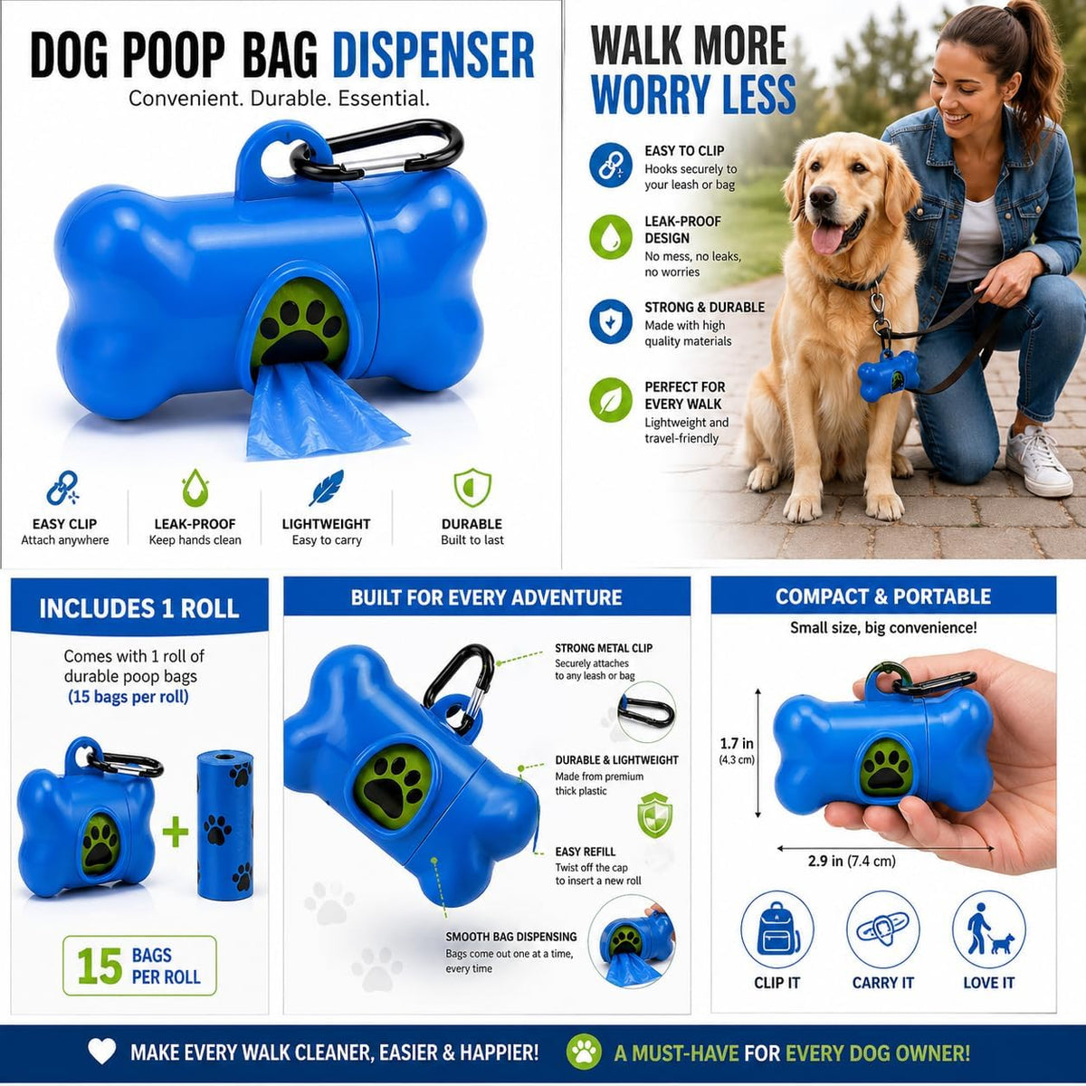 Dog Poop Bag Dispenser with Leash Clip, Portable & Leak-Proof Waste Bag Holder for Dogs, Durable Lightweight Design, Easy Pull Opening, Includes 1 Roll, Ideal for Walking & Travel.