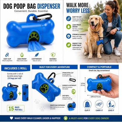 Dog Poop Bag Dispenser with Leash Clip, Portable & Leak-Proof Waste Bag Holder for Dogs, Durable Lightweight Design, Easy Pull Opening, Includes 1 Roll, Ideal for Walking & Travel.