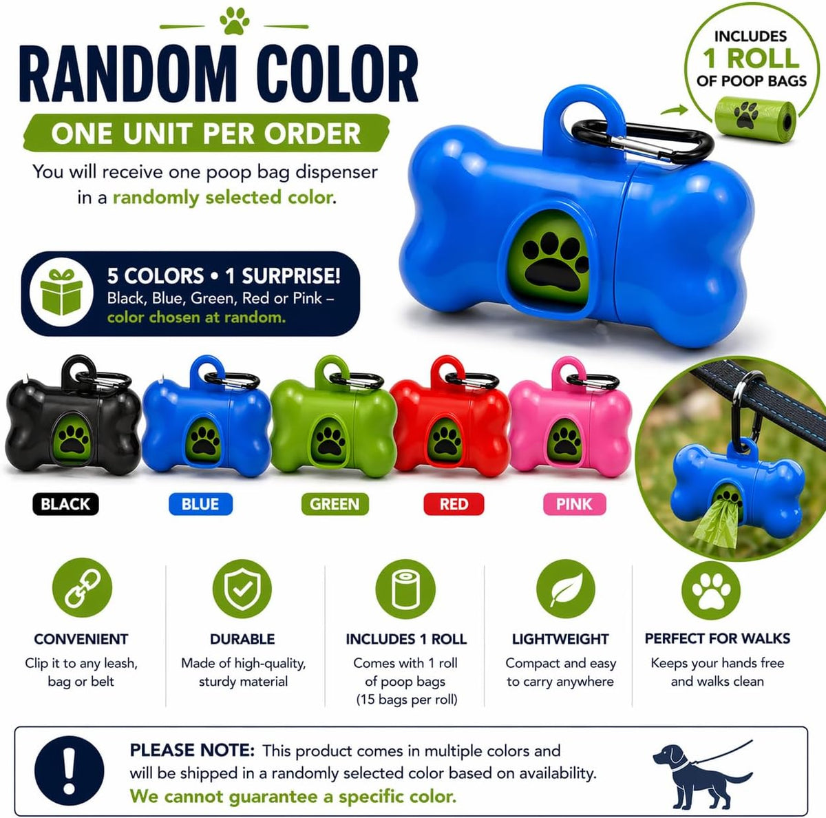 Dog Poop Bag Dispenser with Leash Clip, Portable & Leak-Proof Waste Bag Holder for Dogs, Durable Lightweight Design, Easy Pull Opening, Includes 1 Roll, Ideal for Walking & Travel.