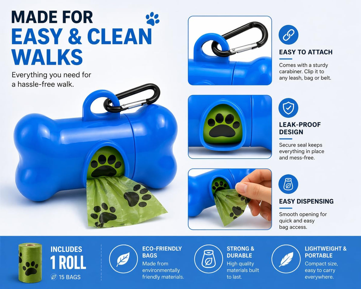 Dog Poop Bag Dispenser with Leash Clip, Portable & Leak-Proof Waste Bag Holder for Dogs, Durable Lightweight Design, Easy Pull Opening, Includes 1 Roll, Ideal for Walking & Travel.