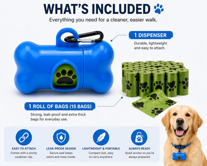 Dog Poop Bag Dispenser with Leash Clip, Portable & Leak-Proof Waste Bag Holder for Dogs, Durable Lightweight Design, Easy Pull Opening, Includes 1 Roll, Ideal for Walking & Travel.