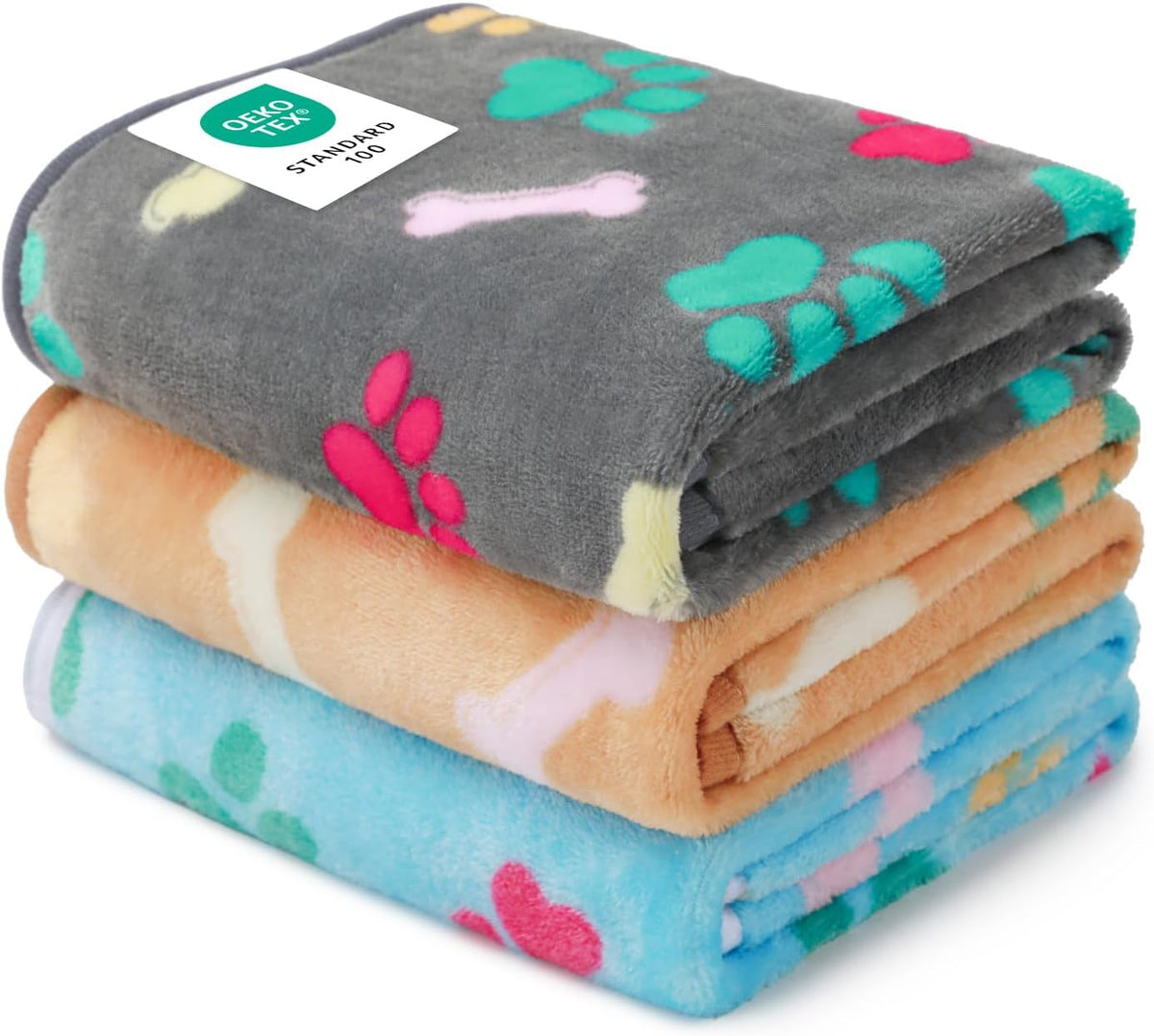 1 Pack 3 Blankets Fluffy Premium Fleece Pet Blanket Flannel Paw Printed Throw for Dog Cat(Small 23x16'', Grey/Brown/Blue)