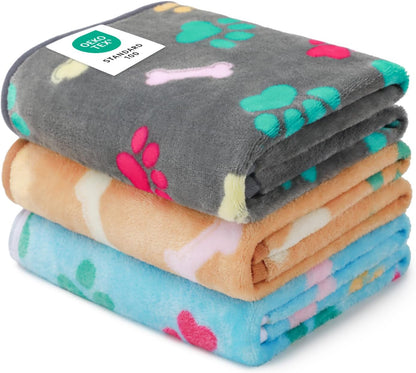 1 Pack 3 Blankets Fluffy Premium Fleece Pet Blanket Flannel Paw Printed Throw for Dog Cat(Small 23x16'', Grey/Brown/Blue)