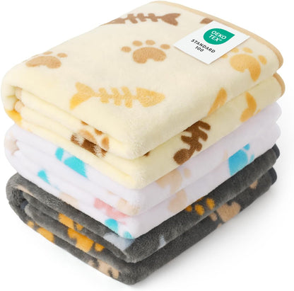1 Pack 3 Blankets Fluffy Premium Fleece Pet Blanket Flannel Paw Printed Throw for Dog Cat(Small 23x16'', Grey/Brown/Blue)