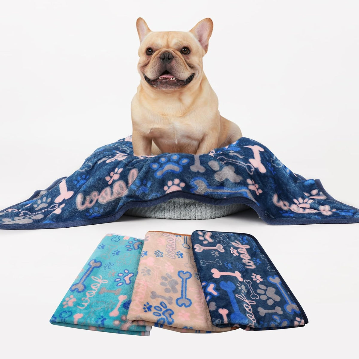 1 Pack 3 Blankets Fluffy Premium Fleece Pet Blanket Flannel Paw Printed Throw for Dog Cat(Small 23x16'', Grey/Brown/Blue)
