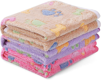1 Pack 3 Blankets Fluffy Premium Fleece Pet Blanket Flannel Paw Printed Throw for Dog Cat(Small 23x16'', Grey/Brown/Blue)
