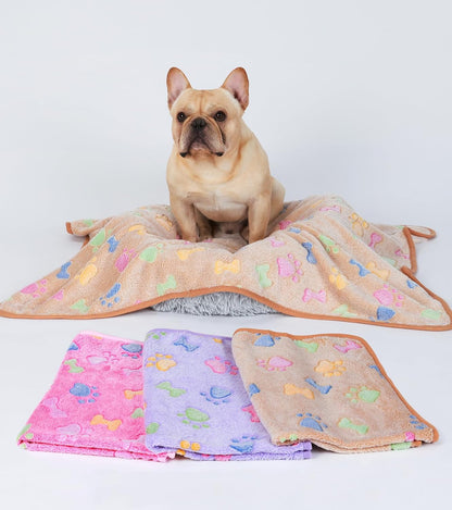 1 Pack 3 Blankets Fluffy Premium Fleece Pet Blanket Flannel Paw Printed Throw for Dog Cat(Small 23x16'', Grey/Brown/Blue)