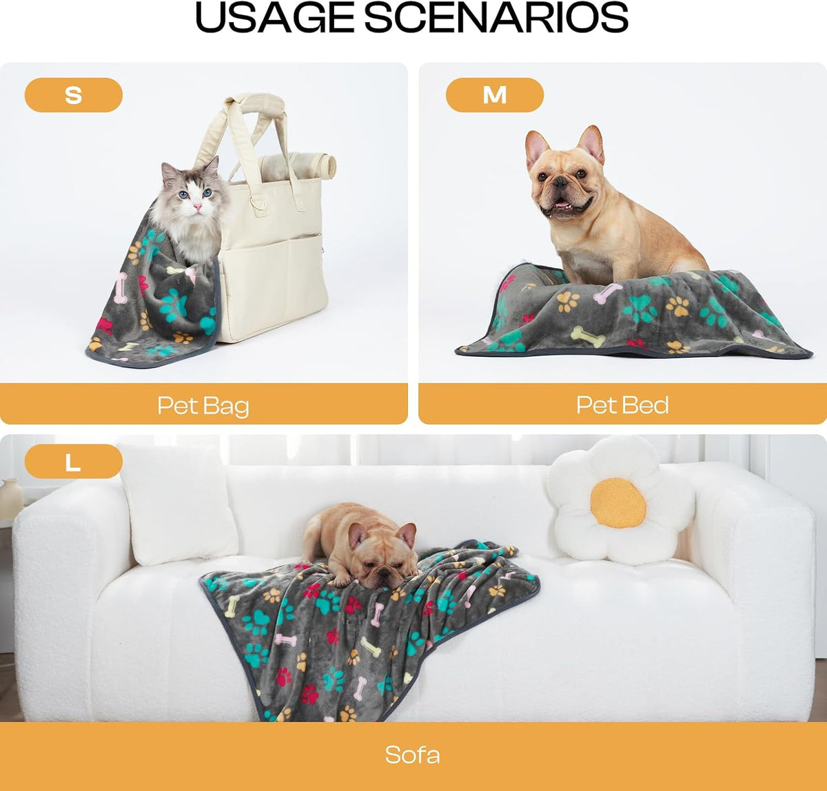 1 Pack 3 Blankets Fluffy Premium Fleece Pet Blanket Flannel Paw Printed Throw for Dog Cat(Small 23x16'', Grey/Brown/Blue)
