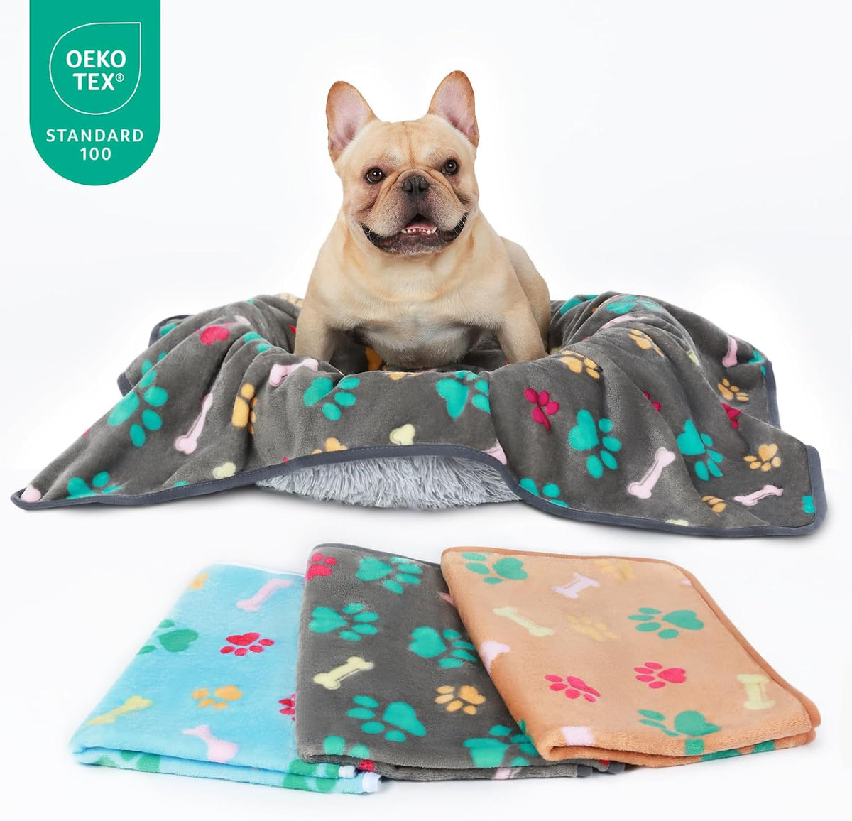 1 Pack 3 Blankets Fluffy Premium Fleece Pet Blanket Flannel Paw Printed Throw for Dog Cat(Small 23x16'', Grey/Brown/Blue)