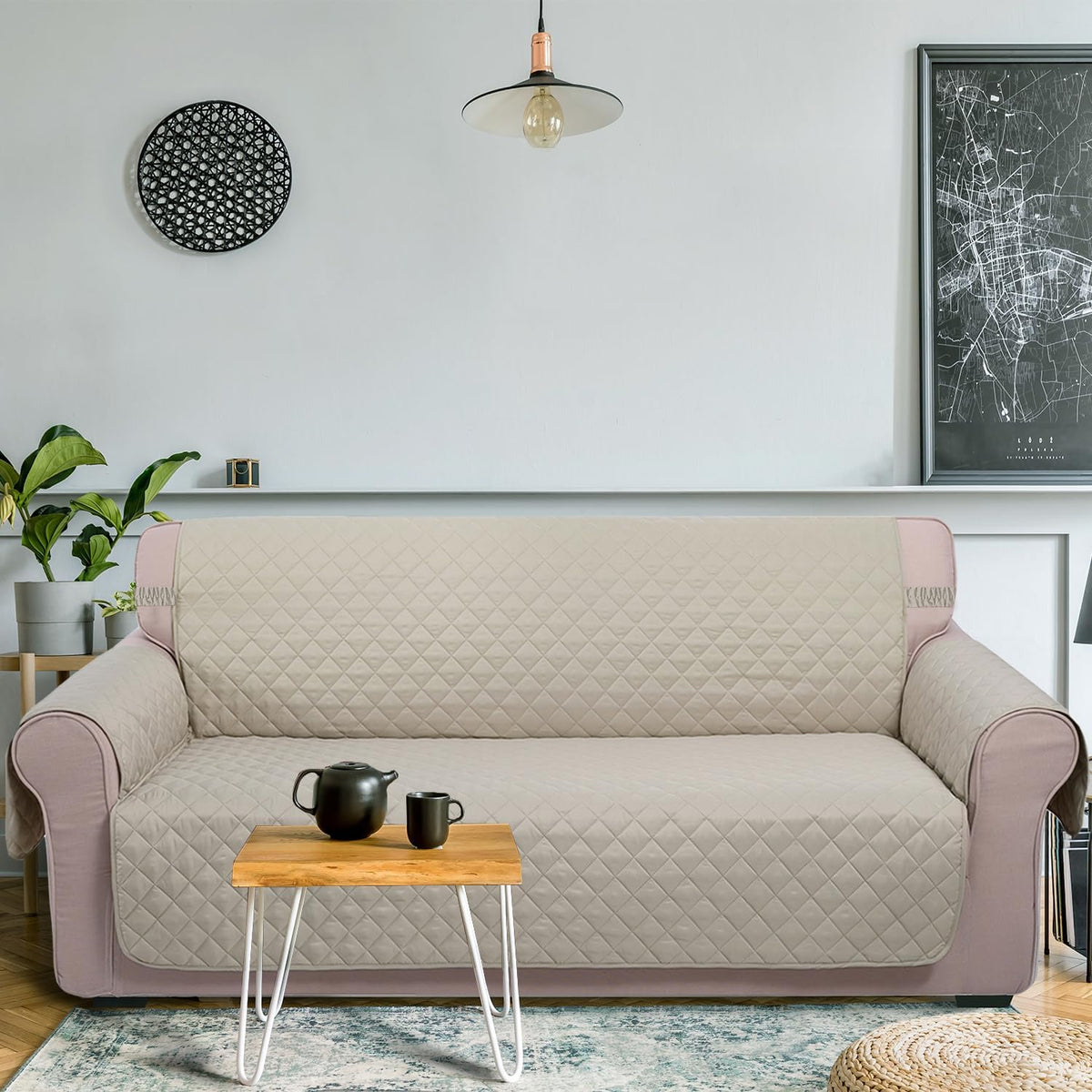 Reversible Sofa Cover Couch Cover for Dogs, Coffee/Beige | 68''Sofa Mat Washable, Pet Friendly, Elastic Straps, Water Repellent, Furniture Protector for 3 Cushion Couch - Colors A
