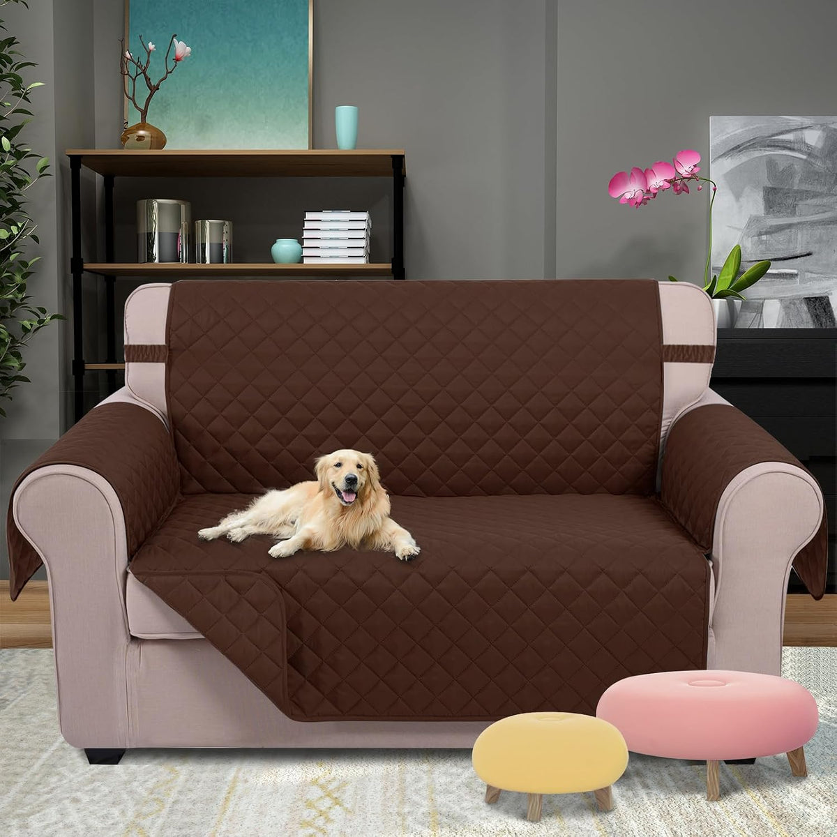 Reversible Sofa Cover Couch Cover for Dogs, Coffee/Beige | 68''Sofa Mat Washable, Pet Friendly, Elastic Straps, Water Repellent, Furniture Protector for 3 Cushion Couch - Colors A