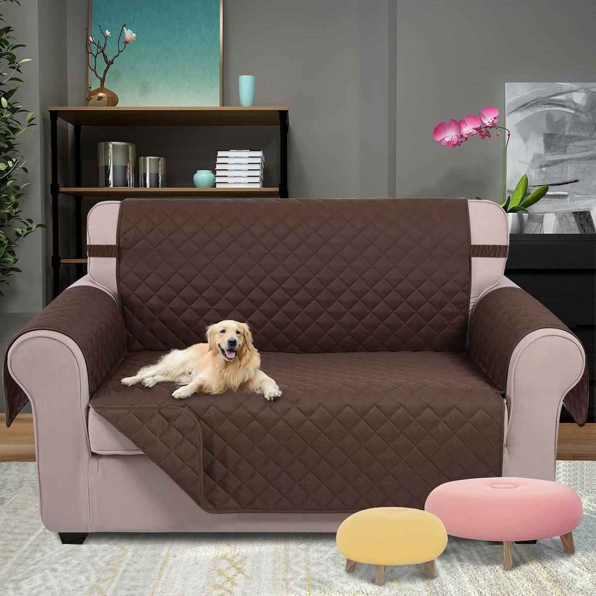 Reversible Sofa Cover Couch Cover for Dogs, Coffee/Beige | 68''Sofa Mat Washable, Pet Friendly, Elastic Straps, Water Repellent, Furniture Protector for 3 Cushion Couch - Colors A
