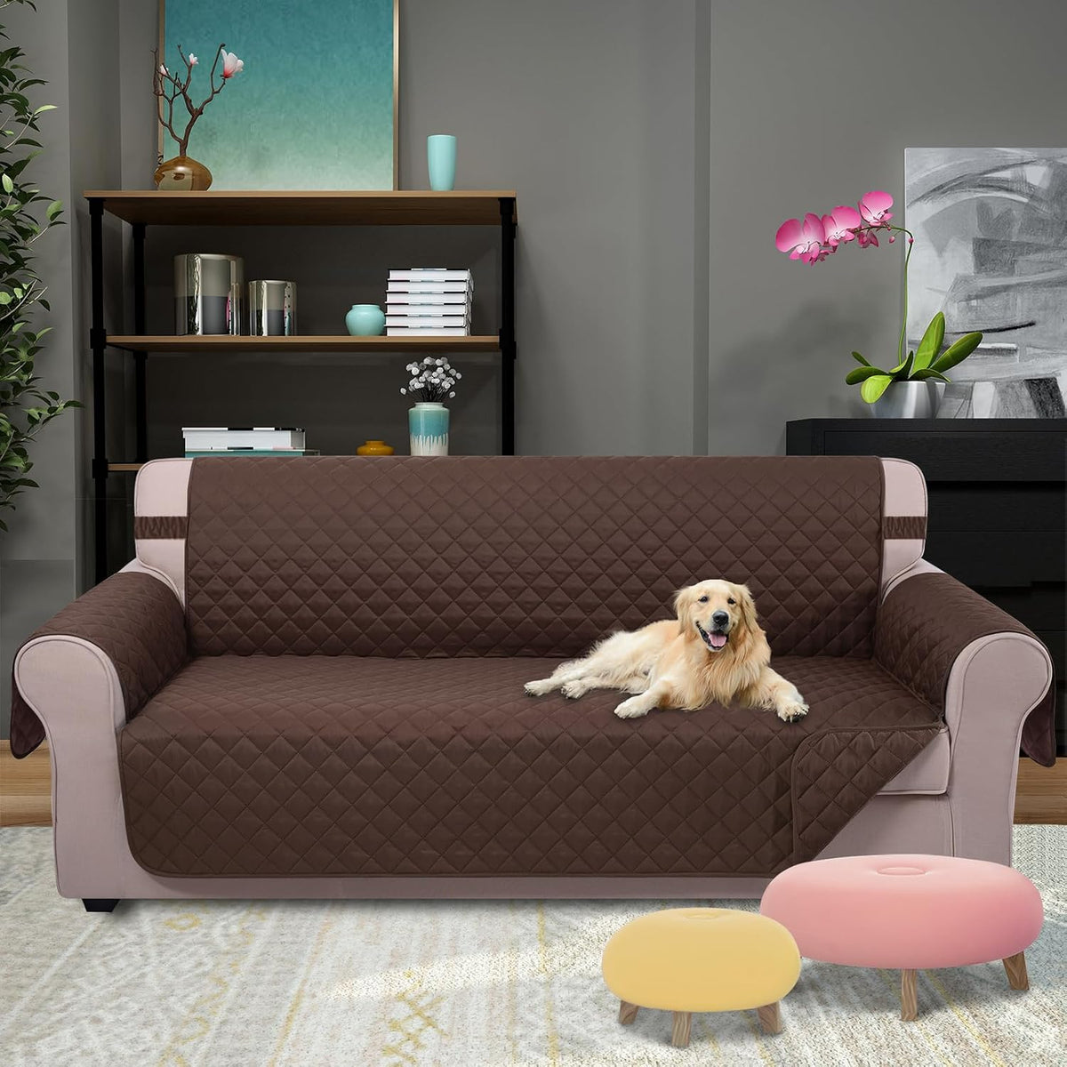 Reversible Sofa Cover Couch Cover for Dogs, Coffee/Beige | 68''Sofa Mat Washable, Pet Friendly, Elastic Straps, Water Repellent, Furniture Protector for 3 Cushion Couch - Colors A
