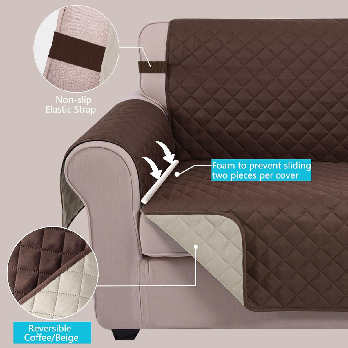 Reversible Sofa Cover Couch Cover for Dogs, Coffee/Beige | 68''Sofa Mat Washable, Pet Friendly, Elastic Straps, Water Repellent, Furniture Protector for 3 Cushion Couch - Colors A