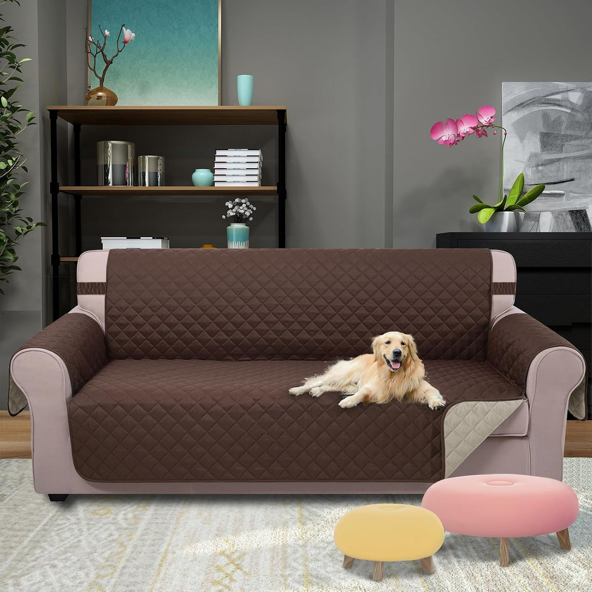 Reversible Sofa Cover Couch Cover for Dogs, Coffee/Beige | 68''Sofa Mat Washable, Pet Friendly, Elastic Straps, Water Repellent, Furniture Protector for 3 Cushion Couch - Colors A