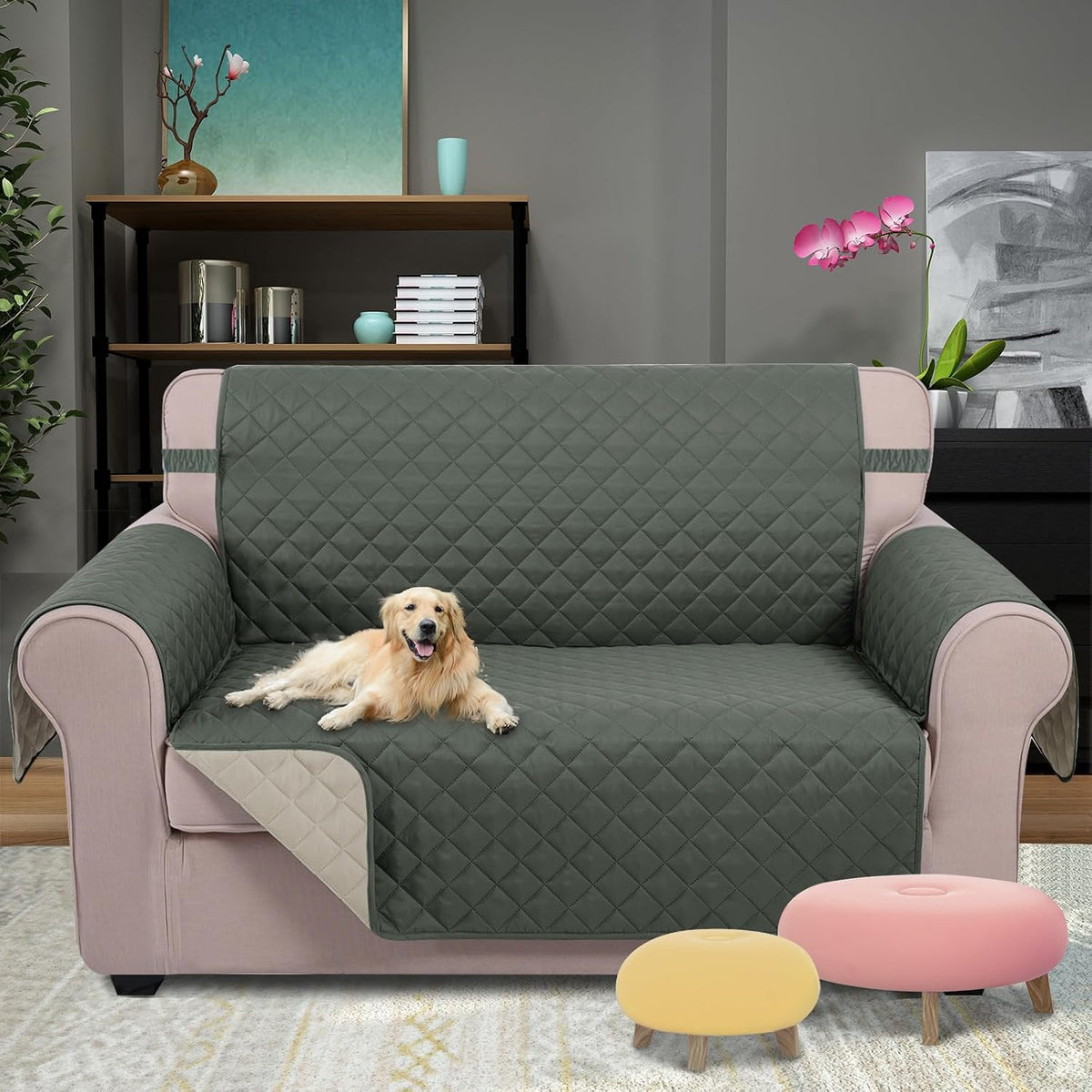 Reversible Sofa Cover Couch Cover for Dogs, Coffee/Beige | 68''Sofa Mat Washable, Pet Friendly, Elastic Straps, Water Repellent, Furniture Protector for 3 Cushion Couch - Colors A