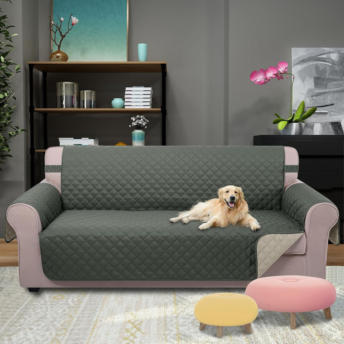 Reversible Sofa Cover Couch Cover for Dogs, Coffee/Beige | 68''Sofa Mat Washable, Pet Friendly, Elastic Straps, Water Repellent, Furniture Protector for 3 Cushion Couch - Colors A