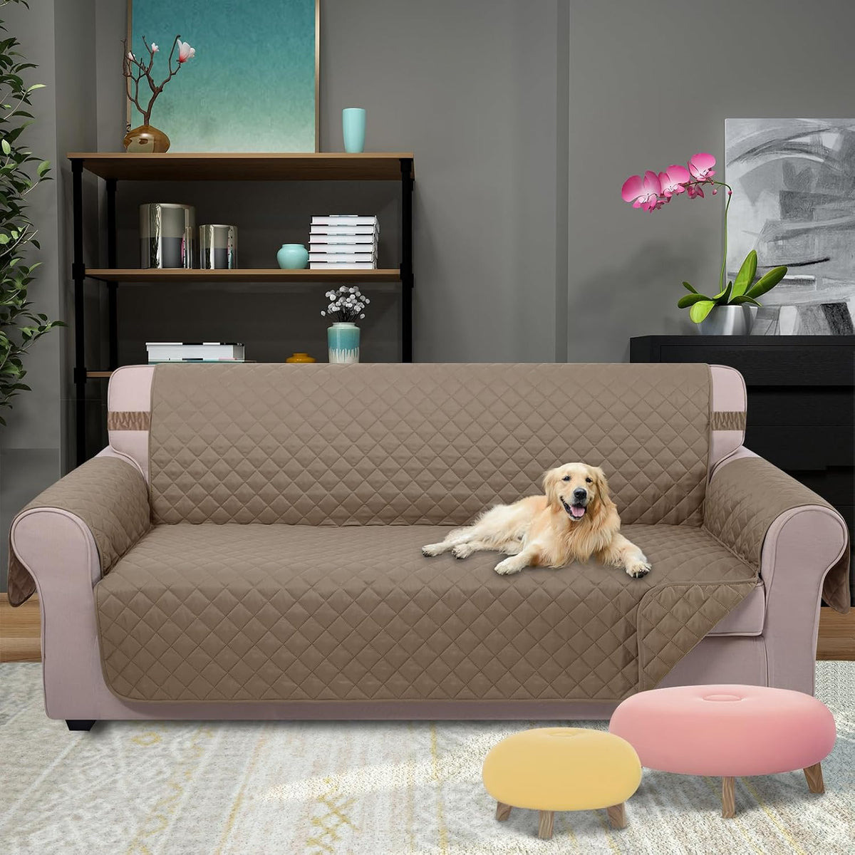 Reversible Sofa Cover Couch Cover for Dogs, Coffee/Beige | 68''Sofa Mat Washable, Pet Friendly, Elastic Straps, Water Repellent, Furniture Protector for 3 Cushion Couch - Colors A