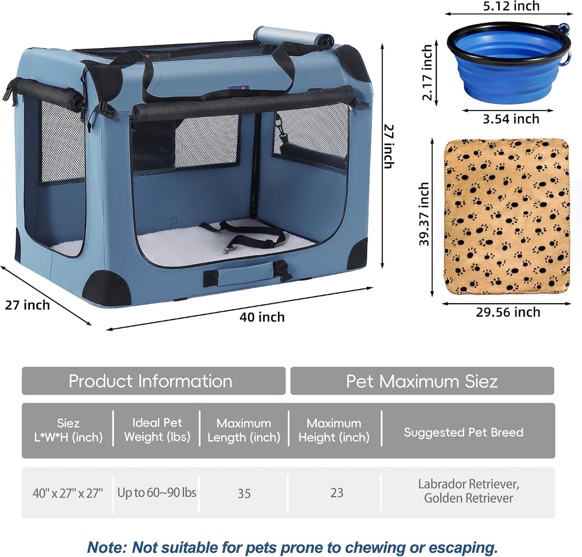Portable Collapsible Dog Crate, 24" Soft Dog Crate for Car Travel