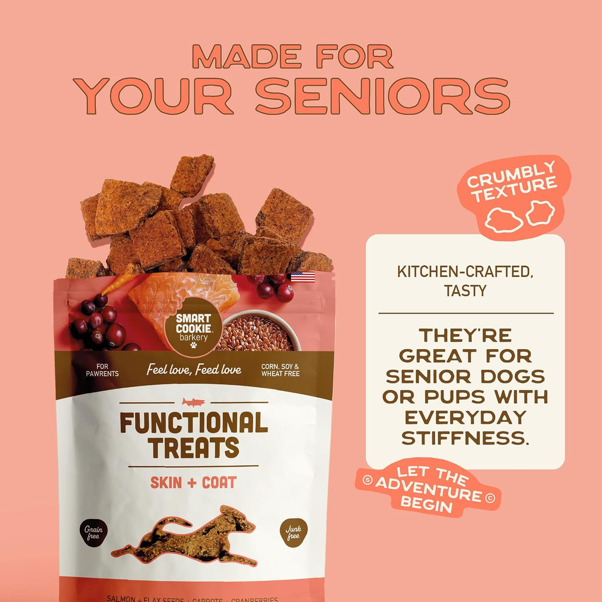 Smart Cookie All Natural Dog Treats - Healthy Skin & Coat Salmon Dog Treats - Ideal for Sensitive Stomachs or Itchy, Allergic, Dry Skin - Dehydrated, Crunchy, Human-Grade, Made in USA - 8oz, Pack of 1