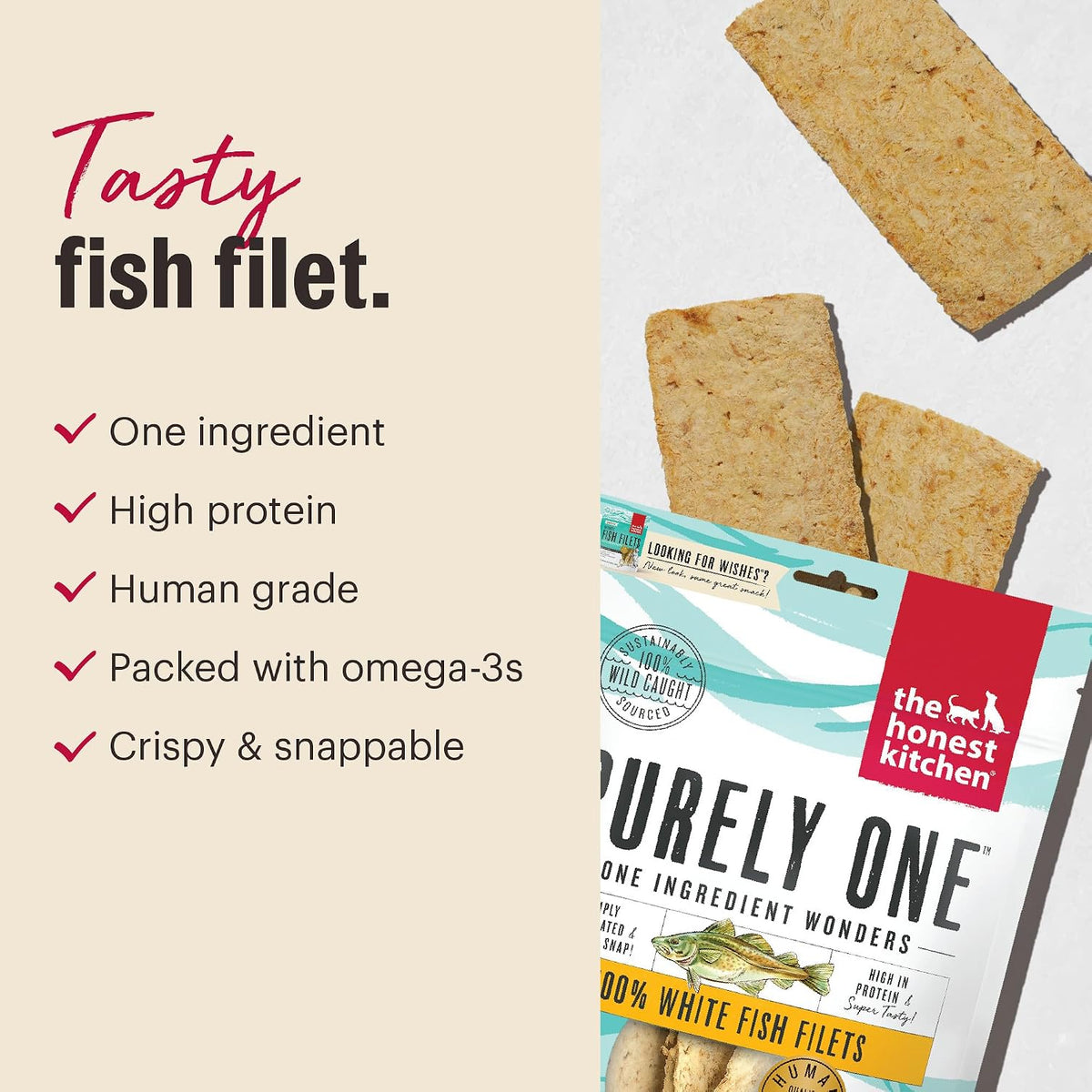 Wishes White Fish Filets Dog Treats, Human Grade Single Ingredient Dehydrated Fish Chews, High Protein Limited Ingredient Training Treats for Dogs, 3 oz