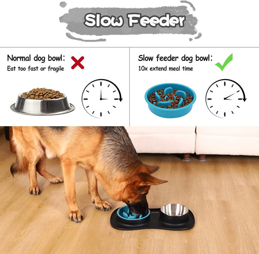 Dog Food and Water Bowl Set 3 in 1, Slow Feeder Dog Bowls & Stainless Steel Water Bowl with Non-Spill Silicone Mat, Cat and Puppy Bowls Pet Dishes for Small Medium Large Breed Anti-Choking
