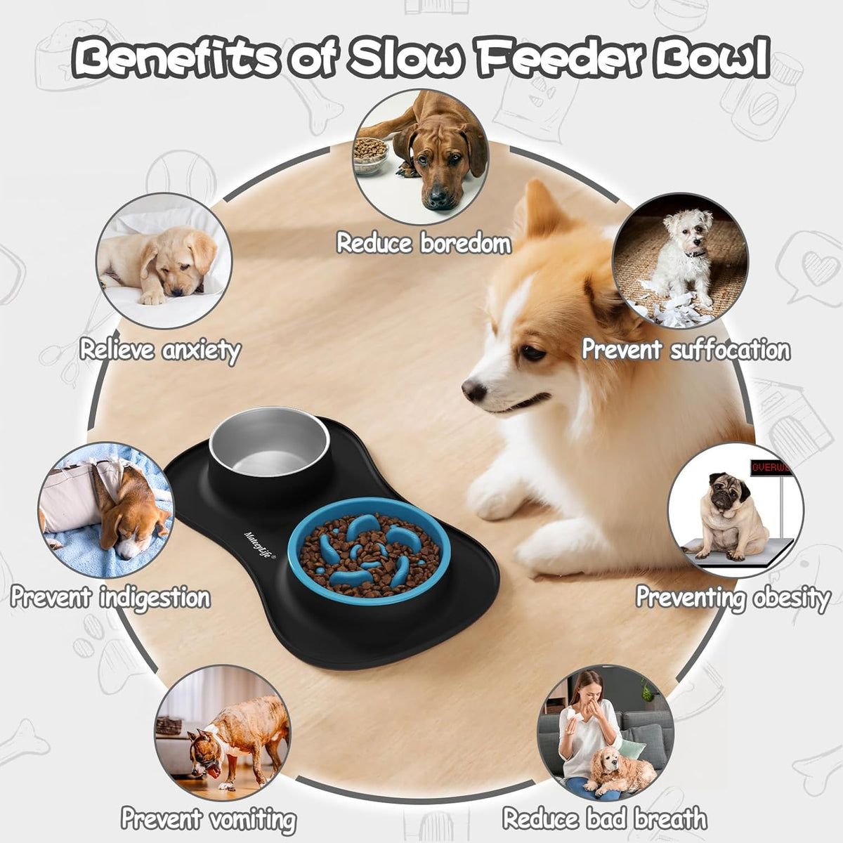Dog Food and Water Bowl Set 3 in 1, Slow Feeder Dog Bowls & Stainless Steel Water Bowl with Non-Spill Silicone Mat, Cat and Puppy Bowls Pet Dishes for Small Medium Large Breed Anti-Choking
