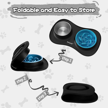 Dog Food and Water Bowl Set 3 in 1, Slow Feeder Dog Bowls & Stainless Steel Water Bowl with Non-Spill Silicone Mat, Cat and Puppy Bowls Pet Dishes for Small Medium Large Breed Anti-Choking