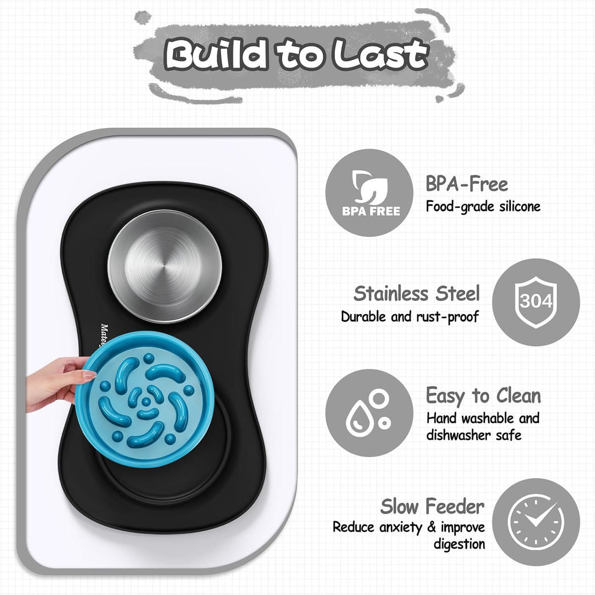 Dog Food and Water Bowl Set 3 in 1, Slow Feeder Dog Bowls & Stainless Steel Water Bowl with Non-Spill Silicone Mat, Cat and Puppy Bowls Pet Dishes for Small Medium Large Breed Anti-Choking