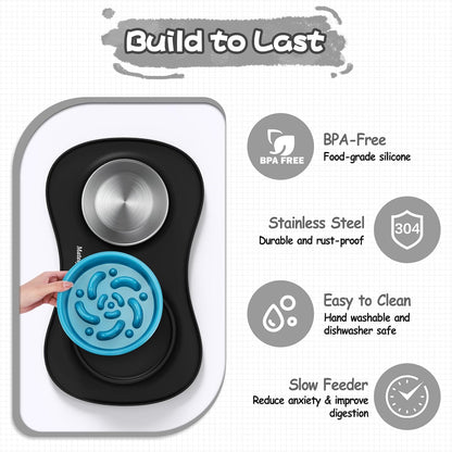 Dog Food and Water Bowl Set 3 in 1, Slow Feeder Dog Bowls & Stainless Steel Water Bowl with Non-Spill Silicone Mat, Cat and Puppy Bowls Pet Dishes for Small Medium Large Breed Anti-Choking