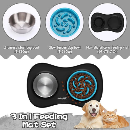 Dog Food and Water Bowl Set 3 in 1, Slow Feeder Dog Bowls & Stainless Steel Water Bowl with Non-Spill Silicone Mat, Cat and Puppy Bowls Pet Dishes for Small Medium Large Breed Anti-Choking