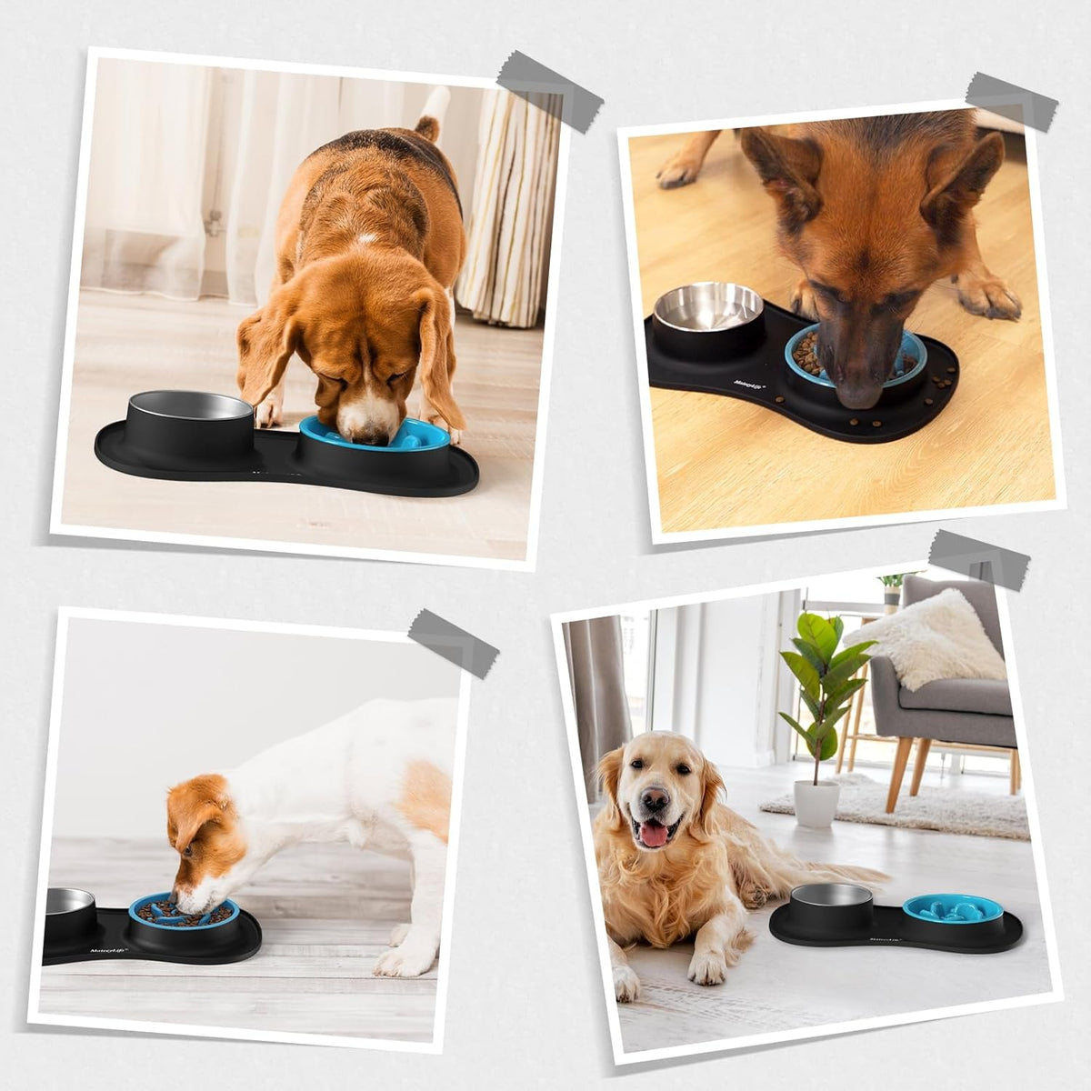 Dog Food and Water Bowl Set 3 in 1, Slow Feeder Dog Bowls & Stainless Steel Water Bowl with Non-Spill Silicone Mat, Cat and Puppy Bowls Pet Dishes for Small Medium Large Breed Anti-Choking