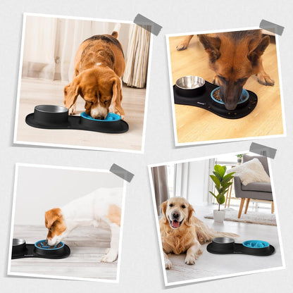 Dog Food and Water Bowl Set 3 in 1, Slow Feeder Dog Bowls & Stainless Steel Water Bowl with Non-Spill Silicone Mat, Cat and Puppy Bowls Pet Dishes for Small Medium Large Breed Anti-Choking