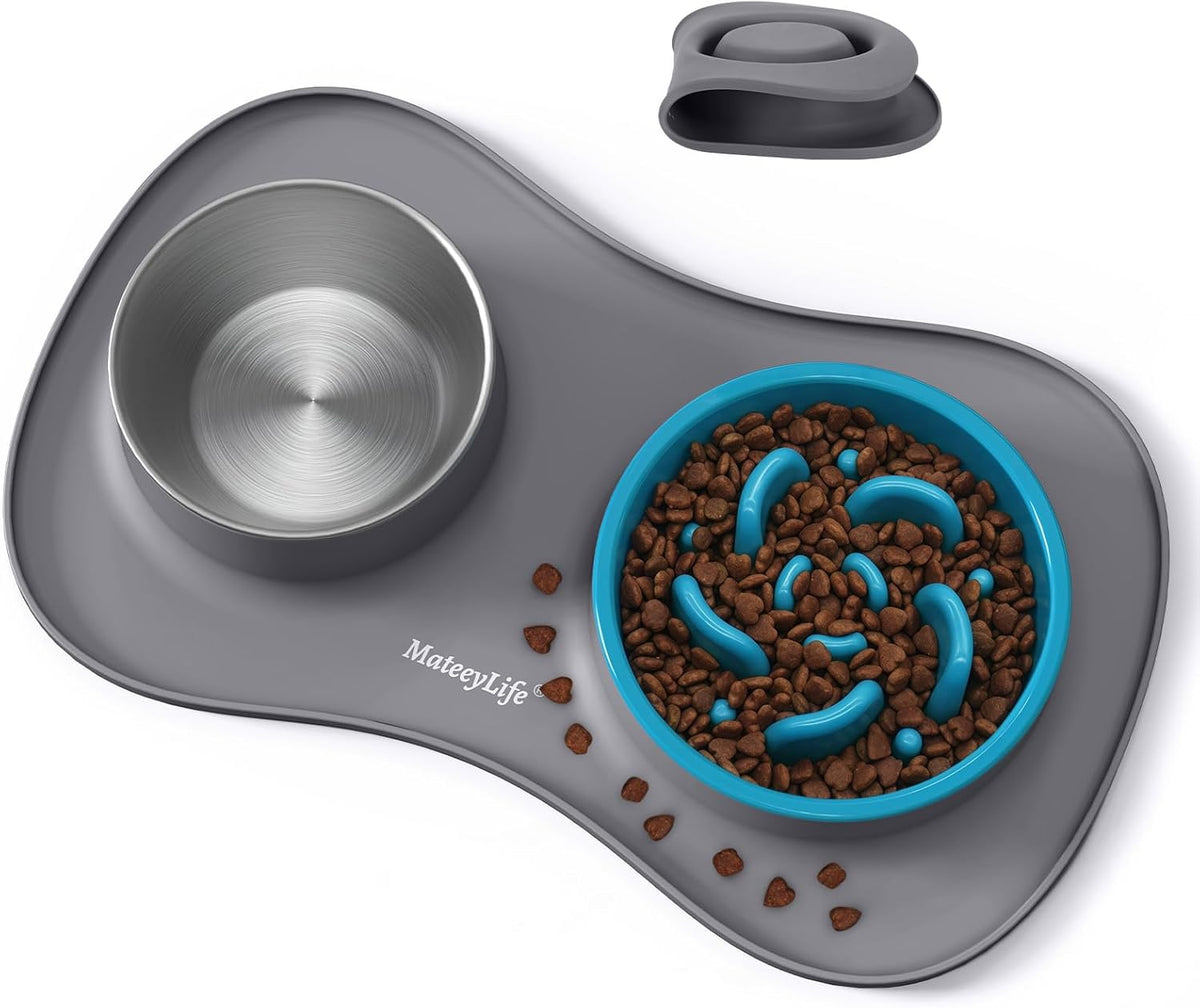 Dog Food and Water Bowl Set 3 in 1, Slow Feeder Dog Bowls & Stainless Steel Water Bowl with Non-Spill Silicone Mat, Cat and Puppy Bowls Pet Dishes for Small Medium Large Breed Anti-Choking