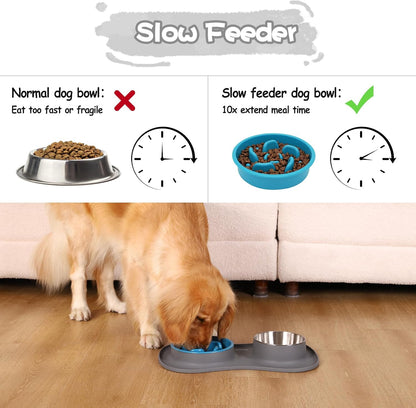 Dog Food and Water Bowl Set 3 in 1, Slow Feeder Dog Bowls & Stainless Steel Water Bowl with Non-Spill Silicone Mat, Cat and Puppy Bowls Pet Dishes for Small Medium Large Breed Anti-Choking