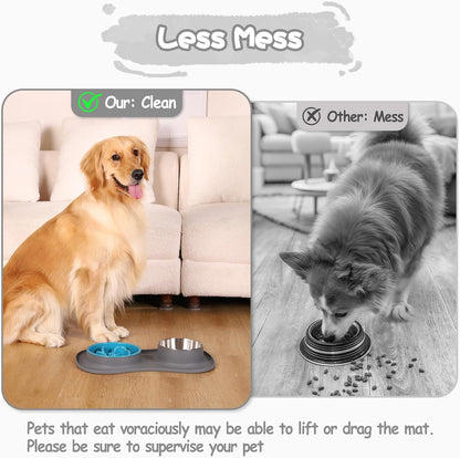 Dog Food and Water Bowl Set 3 in 1, Slow Feeder Dog Bowls & Stainless Steel Water Bowl with Non-Spill Silicone Mat, Cat and Puppy Bowls Pet Dishes for Small Medium Large Breed Anti-Choking