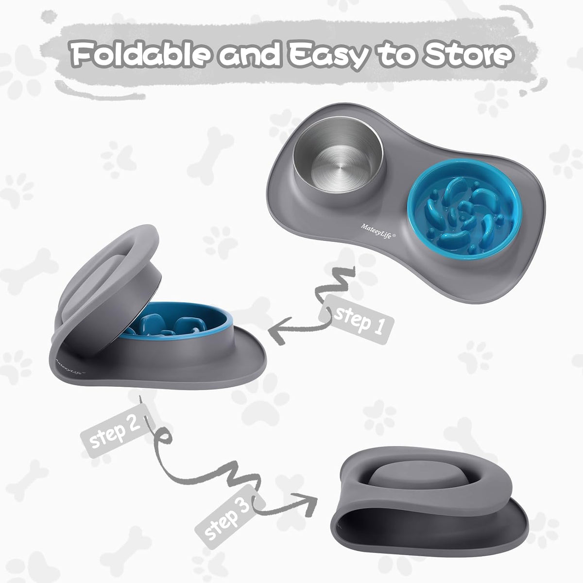 Dog Food and Water Bowl Set 3 in 1, Slow Feeder Dog Bowls & Stainless Steel Water Bowl with Non-Spill Silicone Mat, Cat and Puppy Bowls Pet Dishes for Small Medium Large Breed Anti-Choking