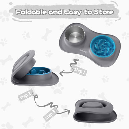 Dog Food and Water Bowl Set 3 in 1, Slow Feeder Dog Bowls & Stainless Steel Water Bowl with Non-Spill Silicone Mat, Cat and Puppy Bowls Pet Dishes for Small Medium Large Breed Anti-Choking